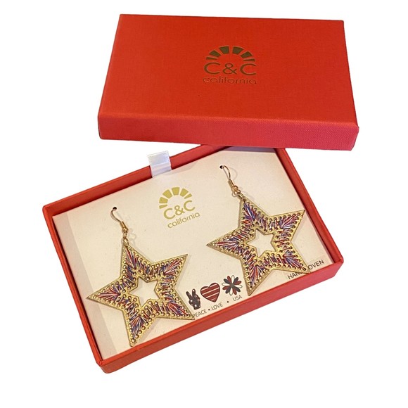 C&C California American Pride Handwoven Star Gold Earrings - New - Picture 1 of 4